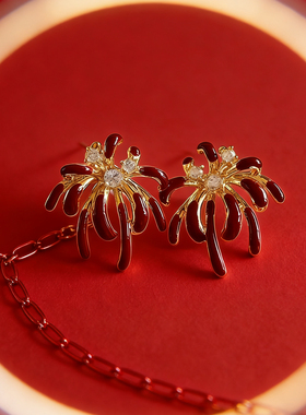 S925银针新年红色高级感气质珐琅烟花耳环女新款小众独特耳钉耳夹