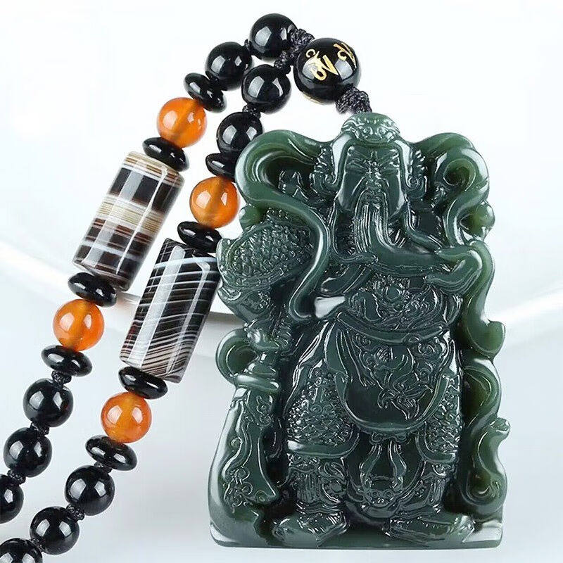 润艺新疆和田玉关公吊坠男款青玉武财神玉牌玉佩挂件项链关公+配