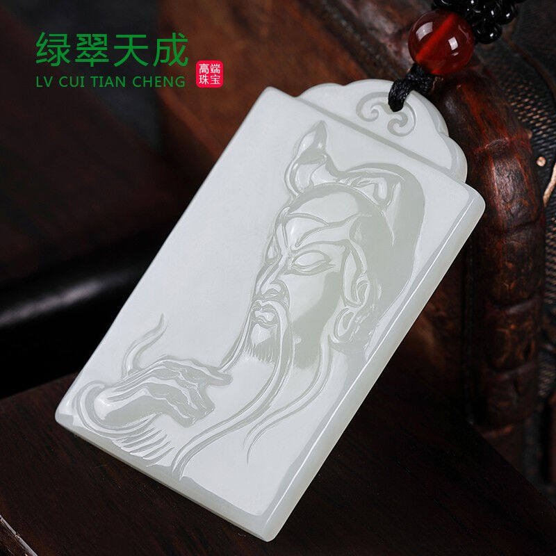 绿翠天成和田玉关公吊坠男款玉坠武财神玉石挂件关羽玉牌玉器挂件