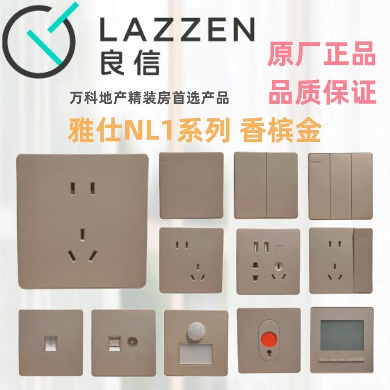 Nader良信N1L香槟金一位双控单开五孔16A空调电脑USB开关插座面板