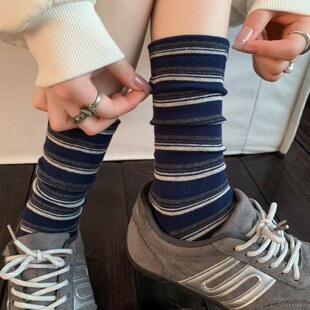 条纹宽口月子袜女春秋季韩版日系ins潮藏青色中筒袜百搭堆堆袜