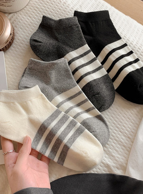 条纹袜子女夏季薄款纯棉条杠ab袜防滑不掉跟短袜浅口隐形短筒船袜