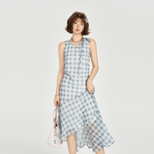 Girlyhalo美式蓝白格子无袖连衣裙女夏季新款不规则拼接收腰裙子