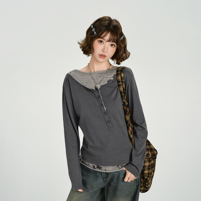 Girlyhalo美式复古假两件长袖t恤女秋季新款斜门襟设计感内搭上衣