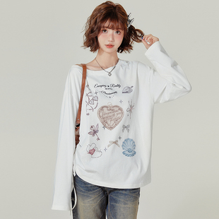 Girlyhalo美式复古印花长袖t恤女秋季新款宽松休闲上衣打底衫
