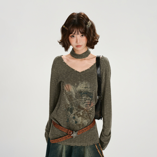 新款 t恤女秋季 宽松显瘦上衣 复古辣妹散口印花长袖 Girlyhalo美式