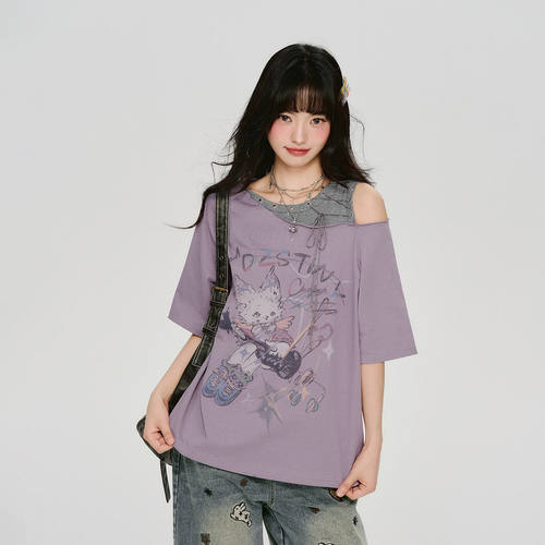 Girlyhalo美式复古假两件斜肩印花短袖t恤女夏新款宽松设计感上衣