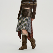 Girlyhalo美式 复古皮革拼接格纹不规则半身裙女秋新款 设计感半裙