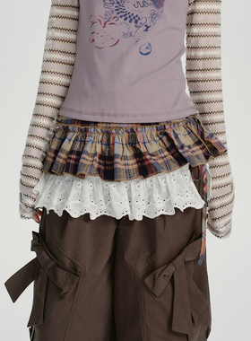 Girlyhalo美式复古格纹拼接蕾丝半身裙女一片式百搭叠穿屁帘
