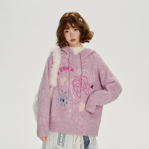 Girlyhalo美式复古彩点针织连帽毛衣女秋冬新款软糯宽松慵懒上衣