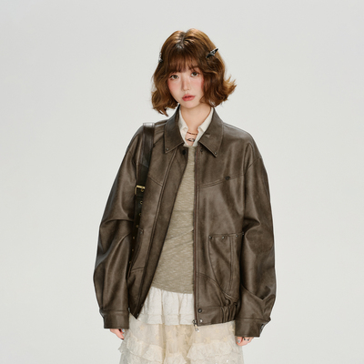 Girlyhalo美式复古翻领皮衣外套女秋季新款宽松休闲设计感上衣