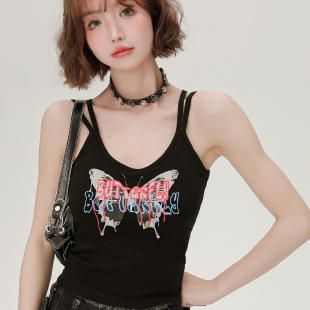 Girlyhalo美式复古吊带女夏季辣妹蝴蝶带胸垫修身短款内搭背心