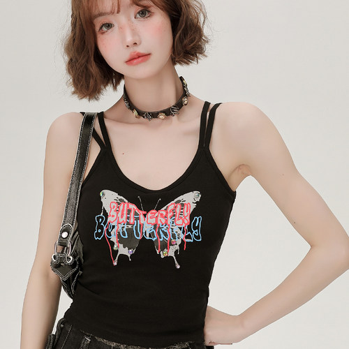 Girlyhalo美式复古吊带女夏季辣妹蝴蝶带胸垫修身短款内搭背心