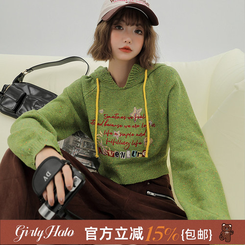 少女光环连帽美式宽松针织毛衣