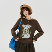 显瘦上衣 修身 Girlyhalo美式 复古针织提花圆领套头毛衣女秋冬新款