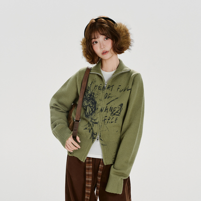 Girlyhalo美式复古辣妹印花毛衣开衫女秋冬新款短款针织衫外套