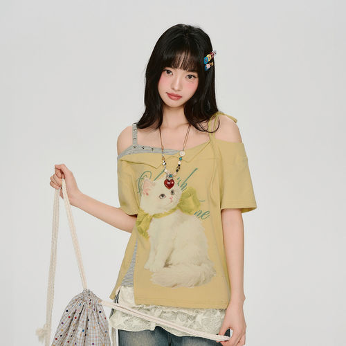 Girlyhalo美式复古假两件一字肩猫咪印花短袖t恤女夏新款宽松上衣