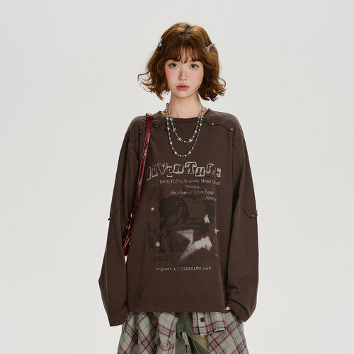Girlyhalo美式复古印花打钉长袖t恤女秋季新款小众设计感宽松上衣