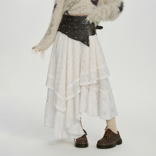 Girlyhalo美式 花边长裙 复古拼接皮不规则设计感半身裙女秋冬新款