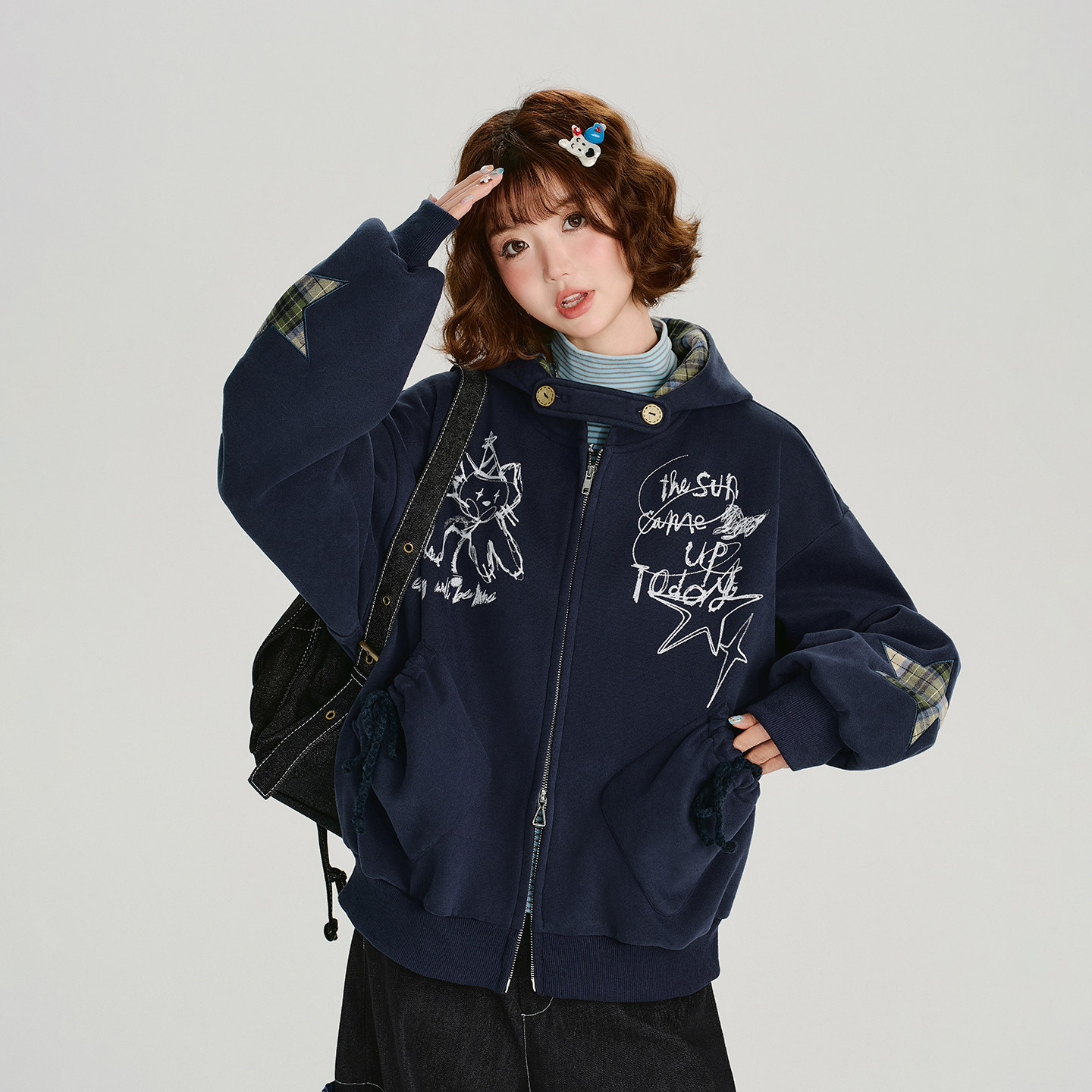 Girlyhalo美式复古格纹撞色连帽卫衣外套女秋冬新款加绒宽松上衣,女装/女士精品,短外套,淘宝优惠券,粉丝福利购,淘宝优惠卷