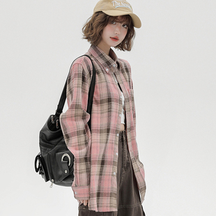 Girlyhalo粉色格子长袖衬衫女新款美式复古宽松慵懒风百搭衬衣