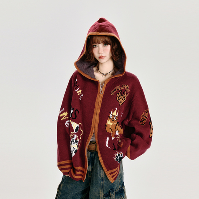 Girlyhalo美式复古动物提花毛衣外套女秋冬新款宽松软糯连帽开衫