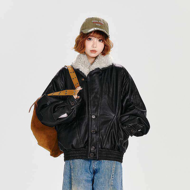 Girlyhalo美式复古黑色皮衣外套女秋冬宽松翻毛领绗棉保暖夹克