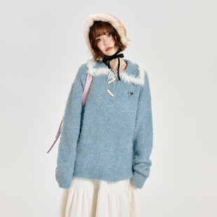 Girlyhalo美式复古polo领毛衣女秋冬新款软糯厚实宽松浅色系上衣