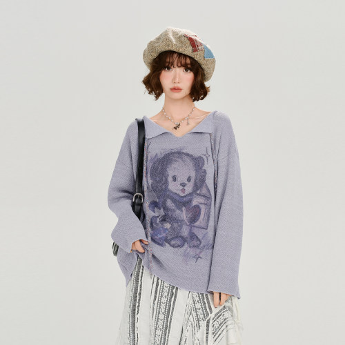 Girlyhalo美式复古印花肌理感长袖t恤女秋季新款系带宽松休闲上衣
