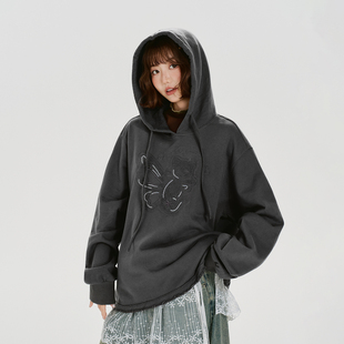 Girlyhalo美式 毛边设计感宽松上衣 复古重工刺绣连帽卫衣女秋新款