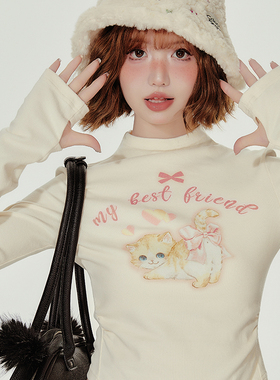 Girlyhalo美式复古小高领长袖t恤女秋冬新款猫咪印花捏折收腰上衣