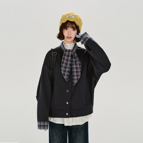 Girlyhalo美式复古格纹假两件外套女秋冬新款设计感宽松夹克上衣