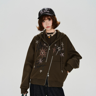 Girlyhalo美式 设计感宽松上衣 复古双拉链连帽卫衣外套女秋冬新款