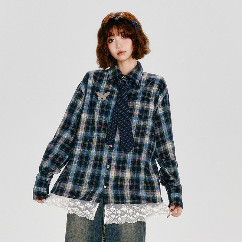 Girlyhalo美式复古格子长袖衬衫女秋季新款宽松拼接蕾丝花边衬衣