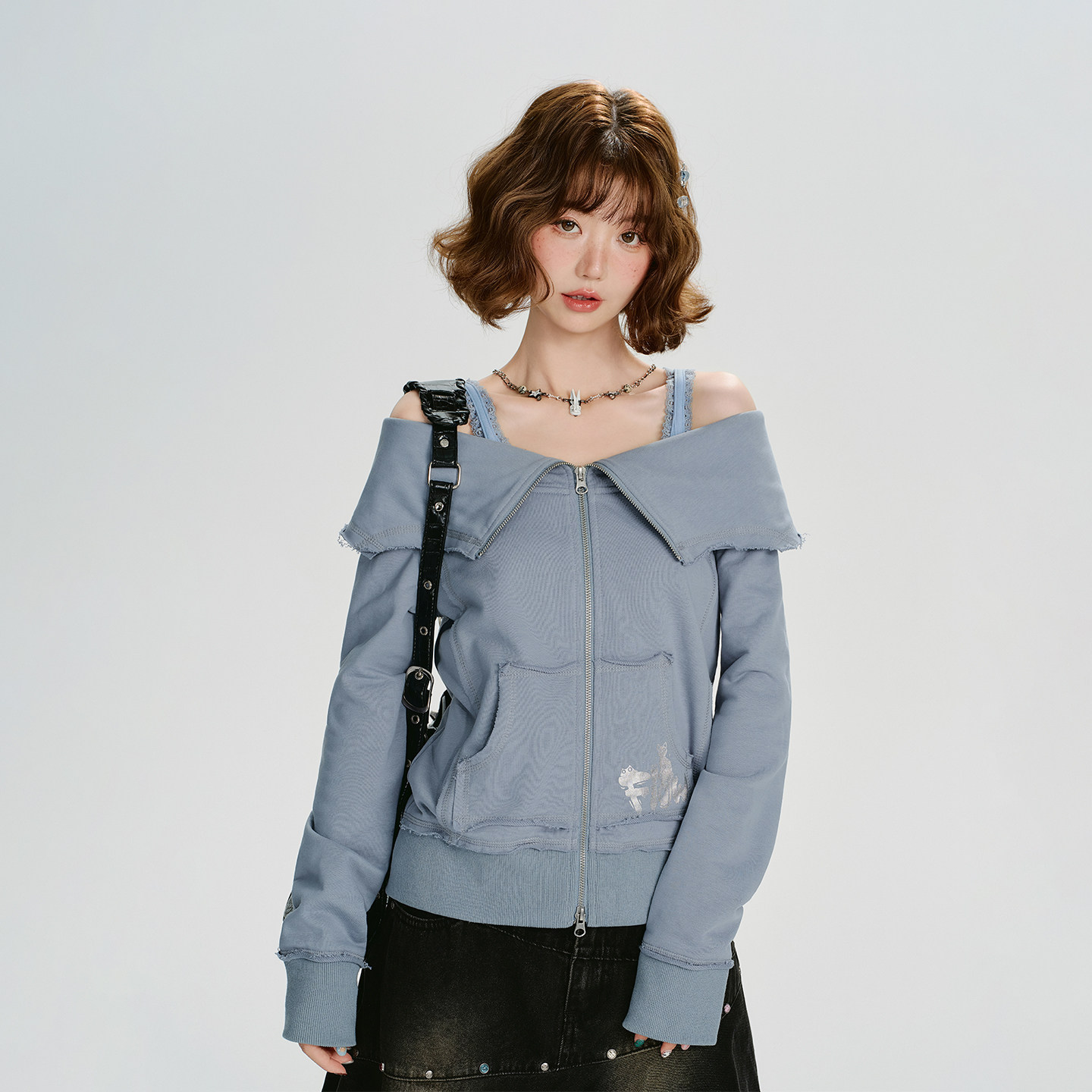 Girlyhalo美式复古大翻领露肩卫衣外套女秋季新款设计感宽松上衣