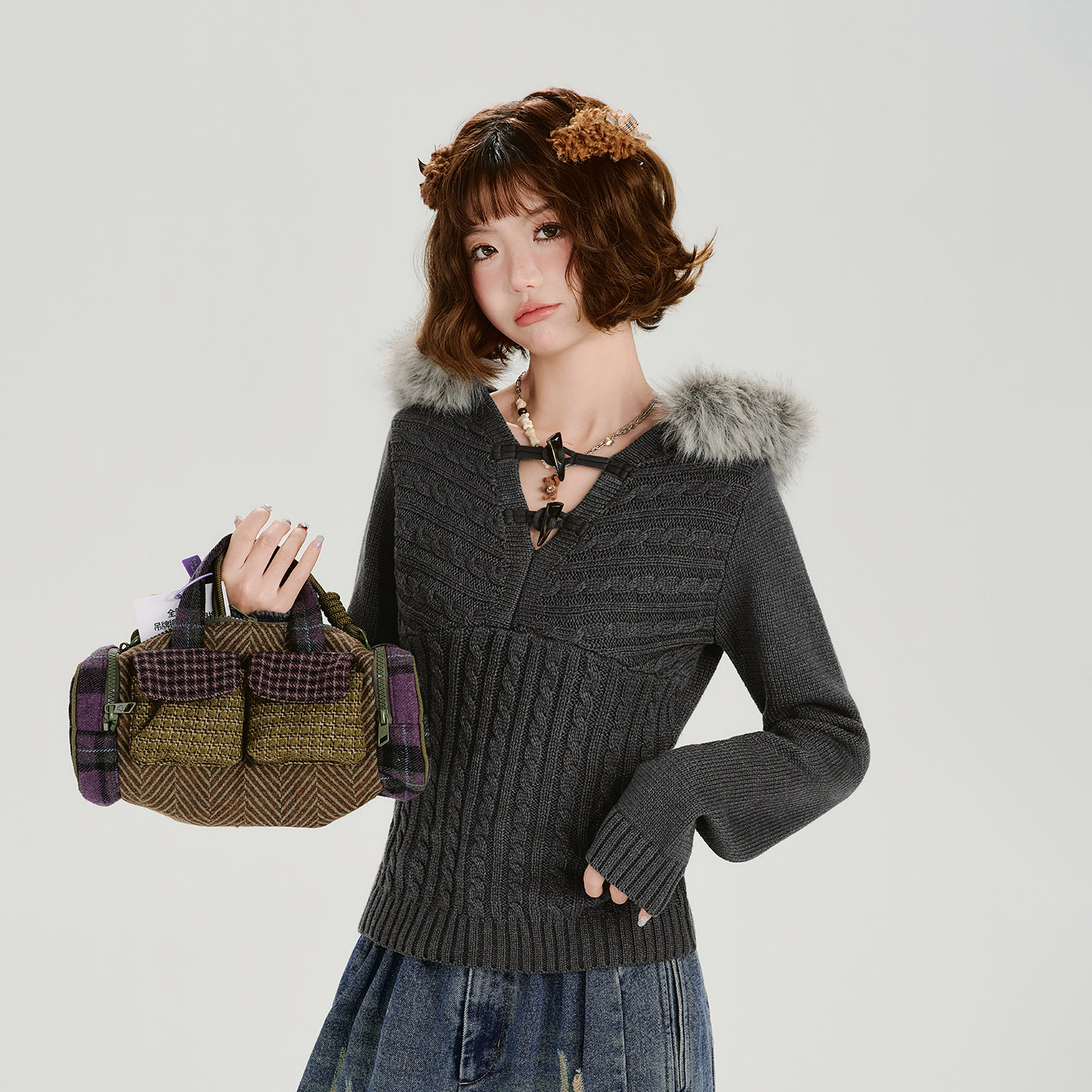 Girlyhalo美式复古辣妹毛领连帽麻花针织毛衣女秋冬新款修身上衣,女装/女士精品,毛针织衫,淘宝优惠券,粉丝福利购,淘宝优惠卷