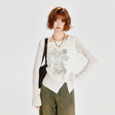 Girlyhalo美式复古一字领长袖T恤女不规则下摆坑条针织修身上衣