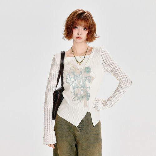 Girlyhalo美式复古一字领长袖T恤女不规则下摆坑条针织修身上衣