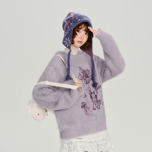 Girlyhalo美式复古提花连帽毛衣女秋冬新款软糯慵懒宽松针织上衣