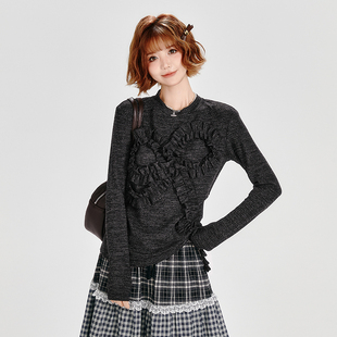 Girlyhalo美式复古长袖T恤女春秋新款设计感立体蝴蝶结打底上衣