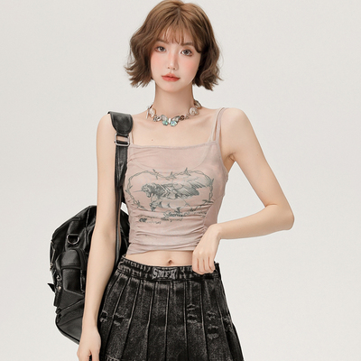 Girlyhalo辣妹网纱吊带背心女夏季新款假两件短款修身显瘦上衣