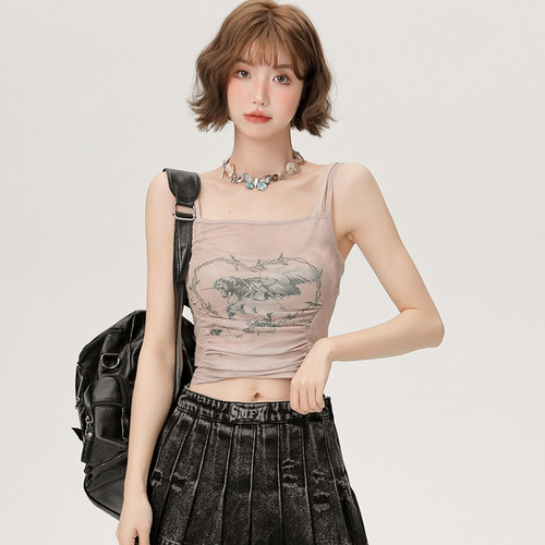 Girlyhalo辣妹网纱吊带背心女夏季新款假两件短款修身显瘦上衣