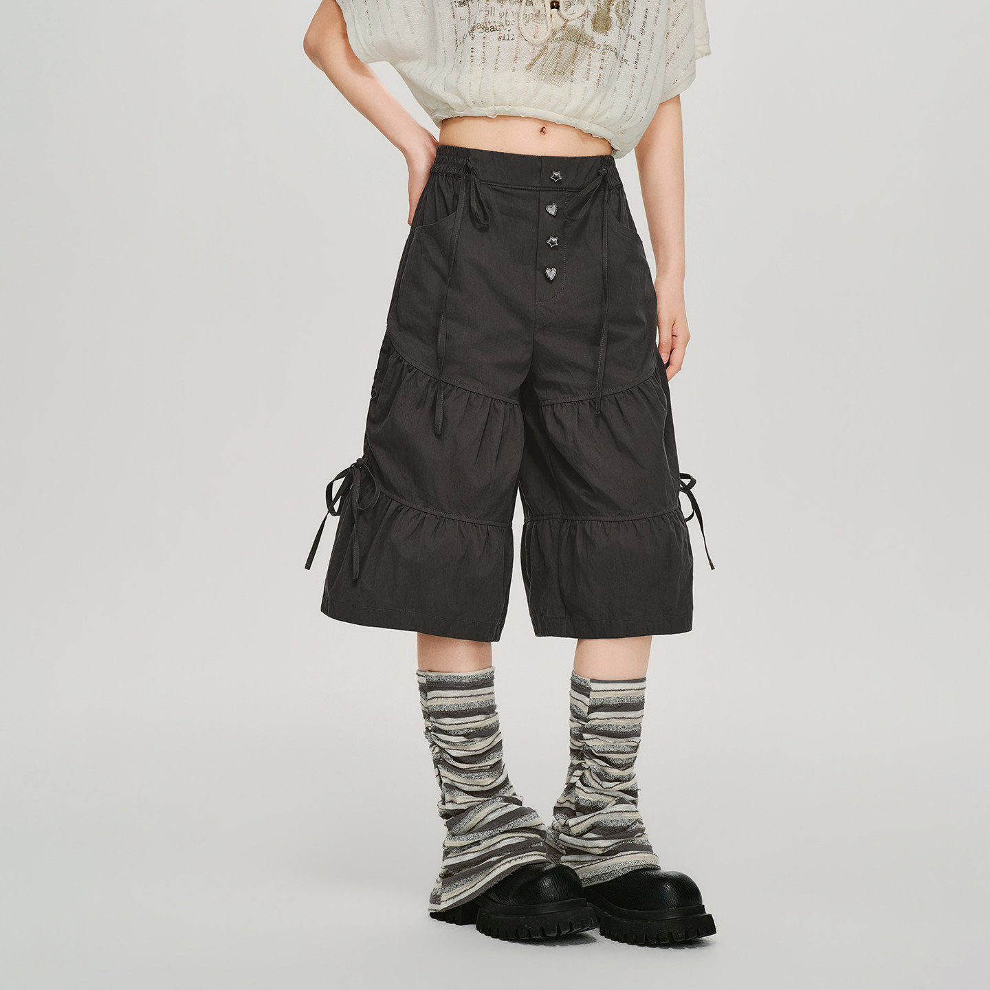 Girlyhalo美式复古抽绳褶皱七分休闲裤女夏季新款设计感阔腿中裤图片