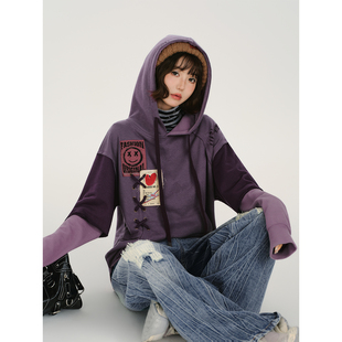 Girlyhalo美式复古破洞设计感假两件连帽卫衣女秋季新款宽松上衣