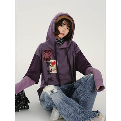 Girlyhalo美式复古破洞设计感假两件连帽卫衣女秋季新款宽松上衣