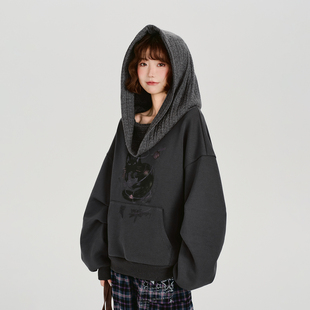 Girlyhalo美式 宽松上衣 复古拼接设计感印花连帽加绒卫衣女冬新款