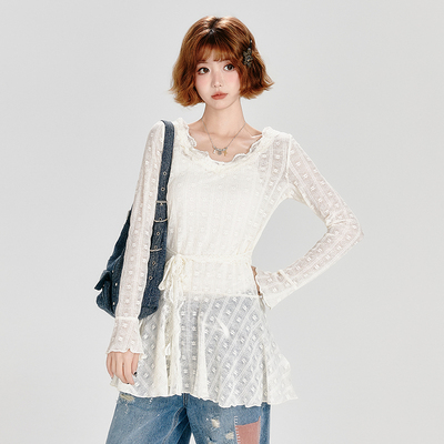Girlyhalo美式设计感白色花边蕾丝罩衫女春秋新款叠穿中长款上衣