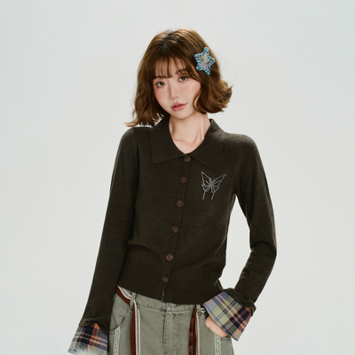 Girlyhalo美式复古格纹拼接翻领针织开衫女秋季新款烫钻修身上衣