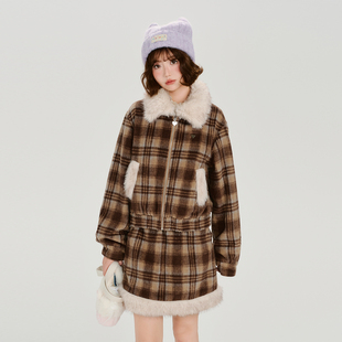 半裙加厚保暖套装 新款 复古格纹翻领夹克外套女冬季 Girlyhalo美式
