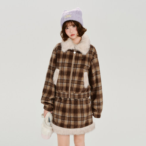 Girlyhalo美式复古格纹翻领夹克外套女冬季新款半裙加厚保暖套装